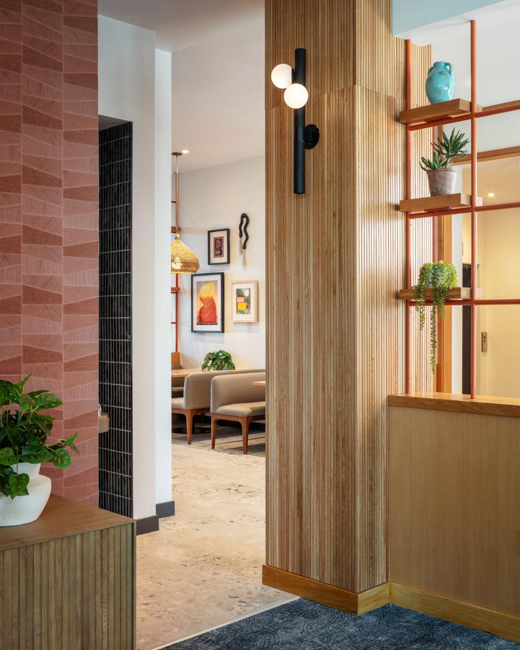 Resident amenity space featuring a stylish seating at ArtHaus Telegraph in Berkeley, CA.