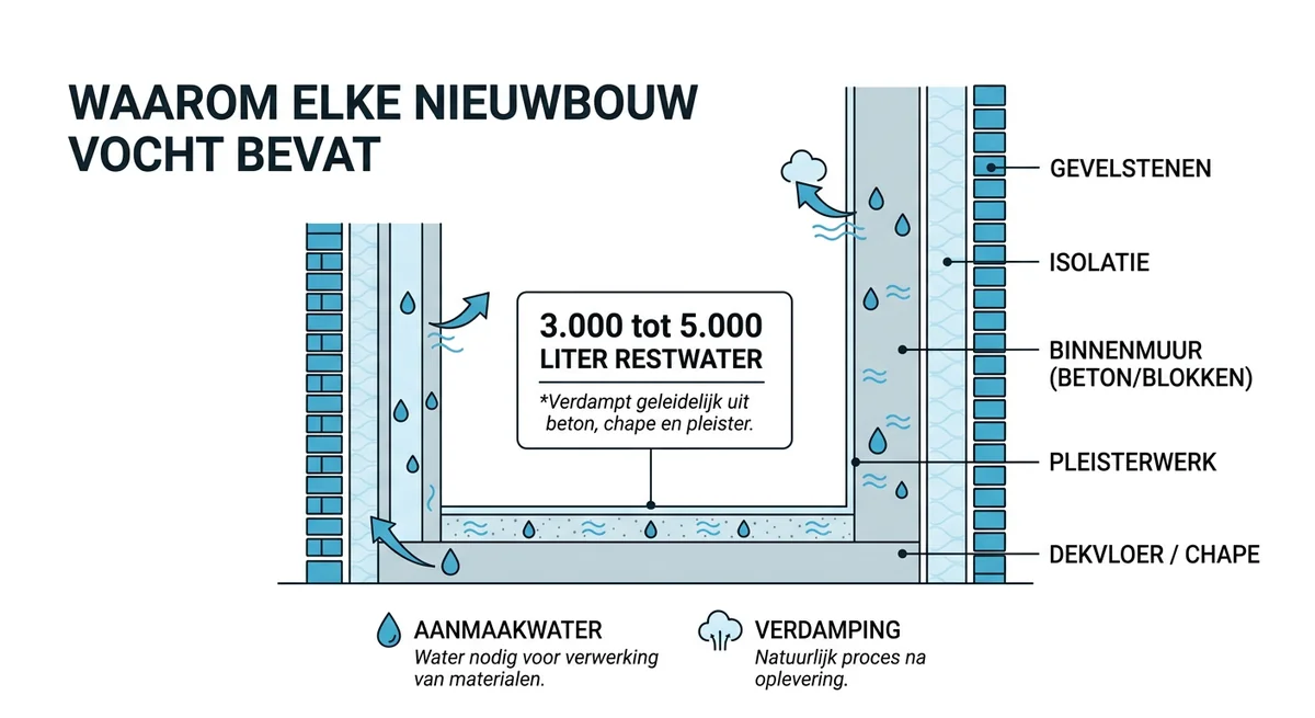 bouwvocht verdamping nieuwbouw muur doorsnede