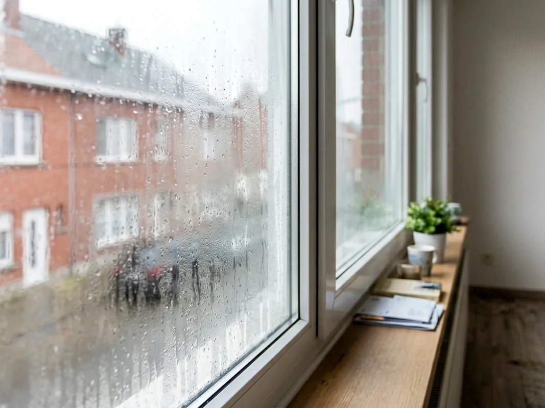 Beslagen raam met condensatievocht in een woning