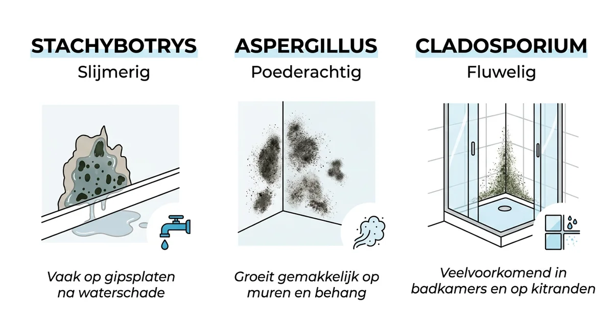 verschil zwarte schimmelsoorten Stachybotrys Aspergillus Cladosporium
