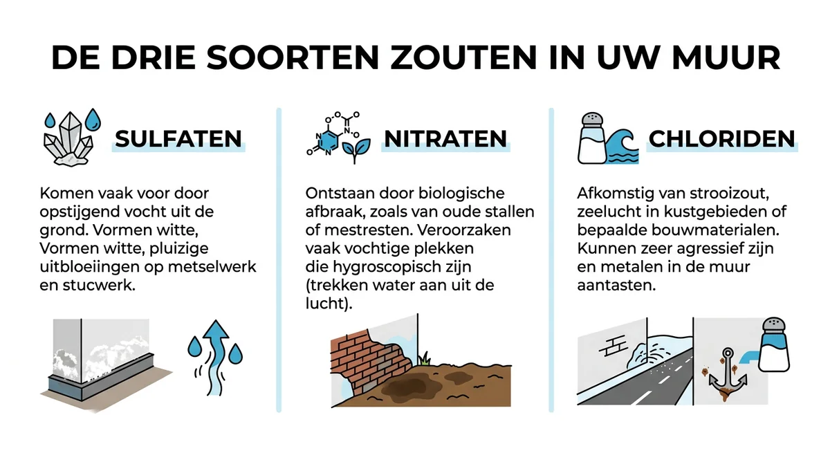 drie soorten zouten in muur infographic witte vlekken salpeter hygroscopisch vocht