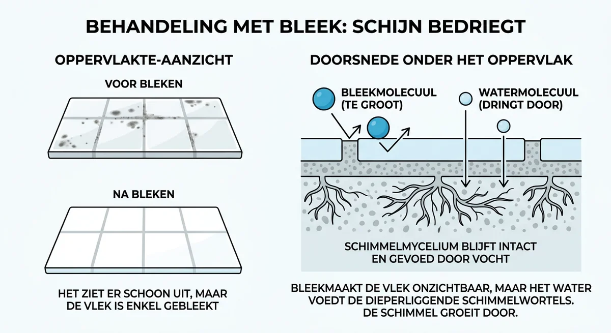 bleek verwijdert schimmel aan oppervlak maar mycelium blijft in poreuze materialen