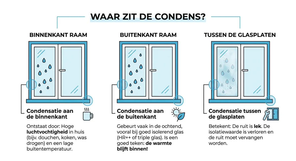 drie soorten condens op ramen vergeleken binnenkant buitenkant tussenin