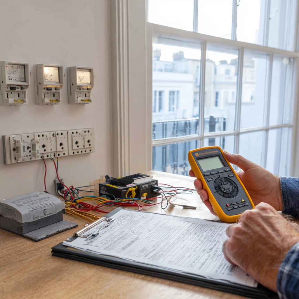 Person holding an electrical tester next to a clipboard with paperwork on a table surrounded by electrical meters and wiring inside a room with a large window.