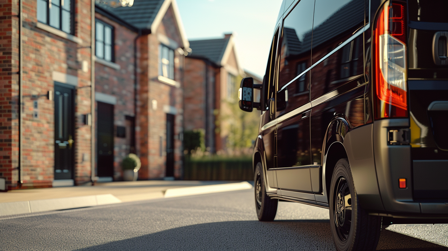 Partial view of a black van parked on a residential street with brick houses in the background.