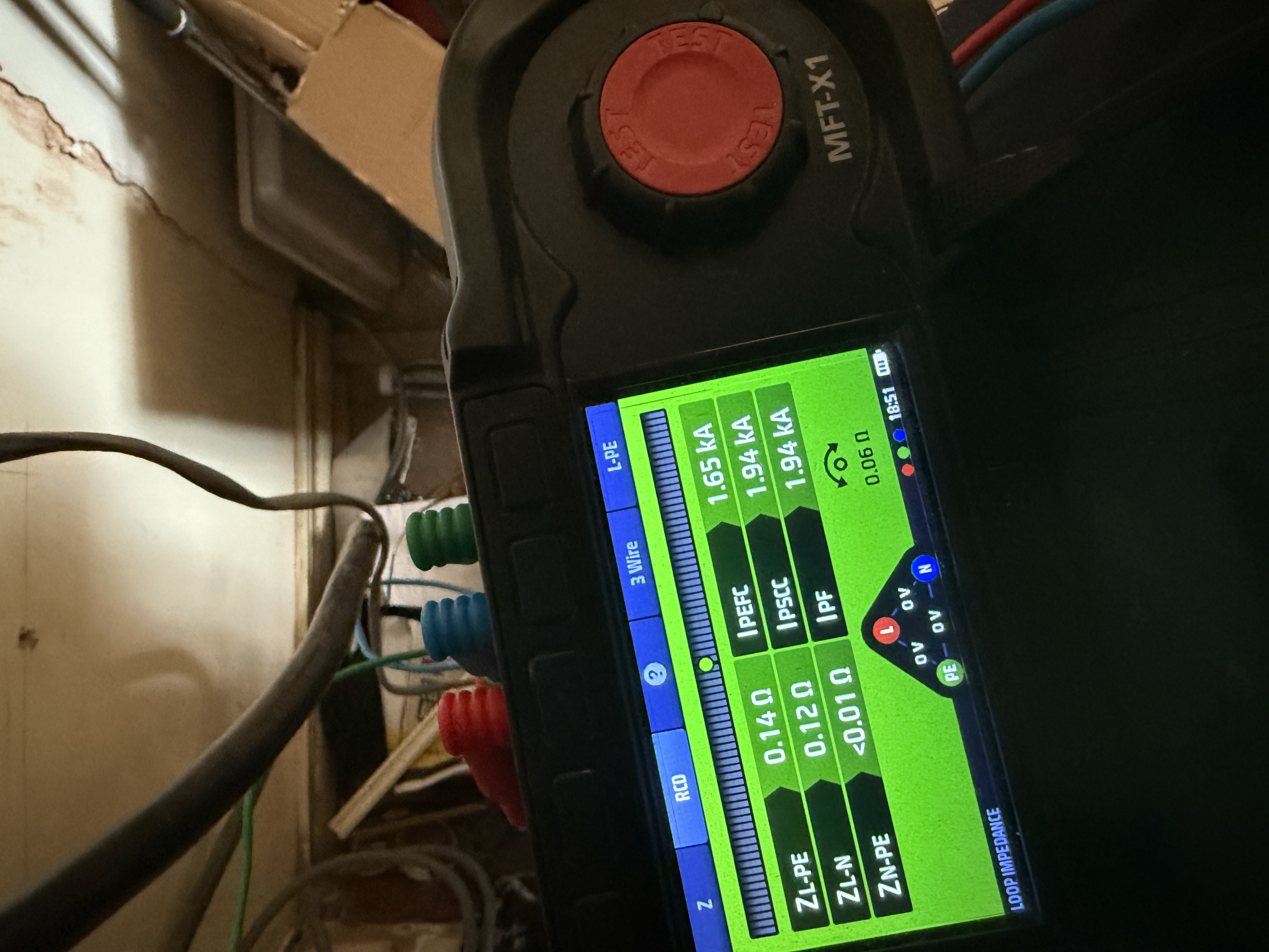 Electrical loop impedance tester screen displaying measurements for ZL-PE, ZL-N, and ZN-PE with values and corresponding current ratings.
