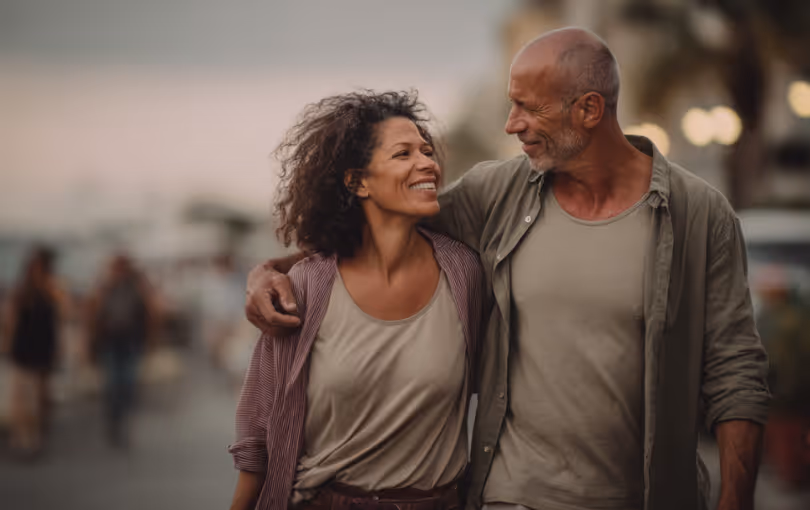 Smiling mature couple walking closely with arms around each other outdoors.