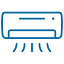 Blue icon of a wall-mounted air conditioner with airflow lines beneath it.