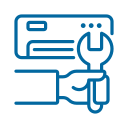 Blue icon of a hand holding a wrench in front of a control panel or device, symbolizing installation or repair.