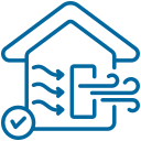 Icon of house outline with airflow arrows moving through a door and a checkmark symbol.