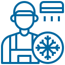 Icon of a technician wearing a cap with a snowflake symbol and an air conditioning unit above.