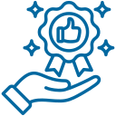 Hand holding a ribbon badge with a thumbs-up icon and sparkles representing quality or excellence.