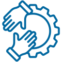 Two hands surrounding a gear, symbolizing technical support or collaboration.