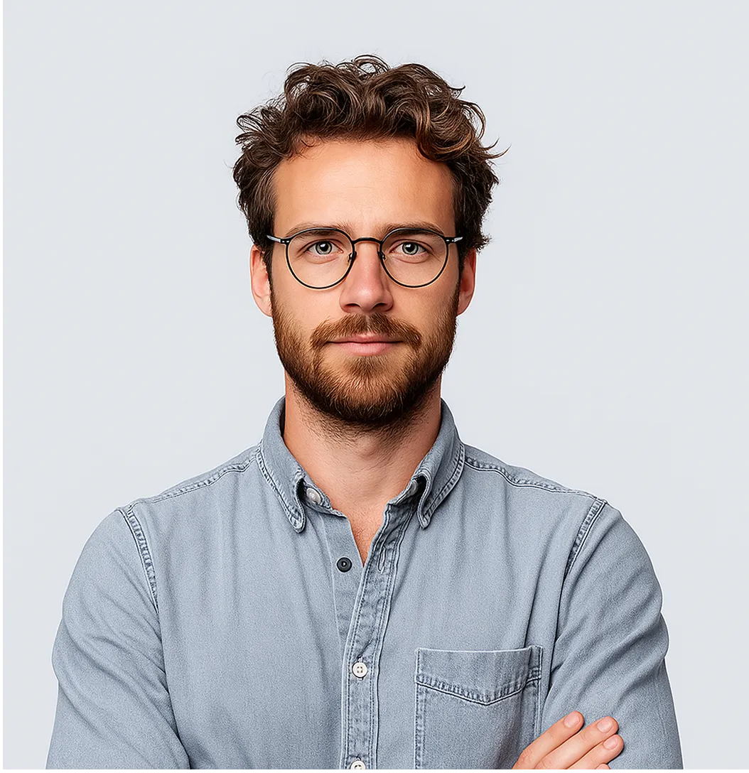 Portrait of a man wearing glasses and a light blue shirt, smiling slightly.