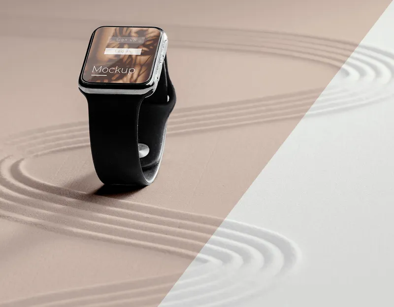 Black smartwatch on a beige surface showing its screen interface.