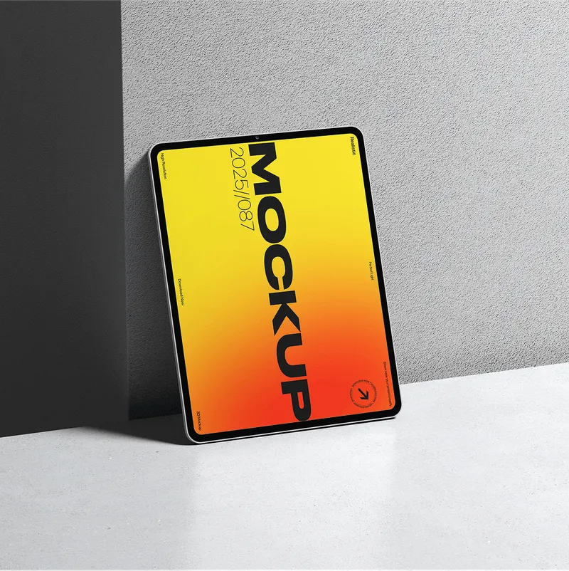 Bright yellow tablet mockup standing upright against a gray background.