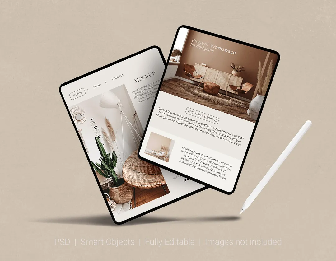 Two digital tablets on a neutral surface showing a minimal website layout with a stylus beside them.