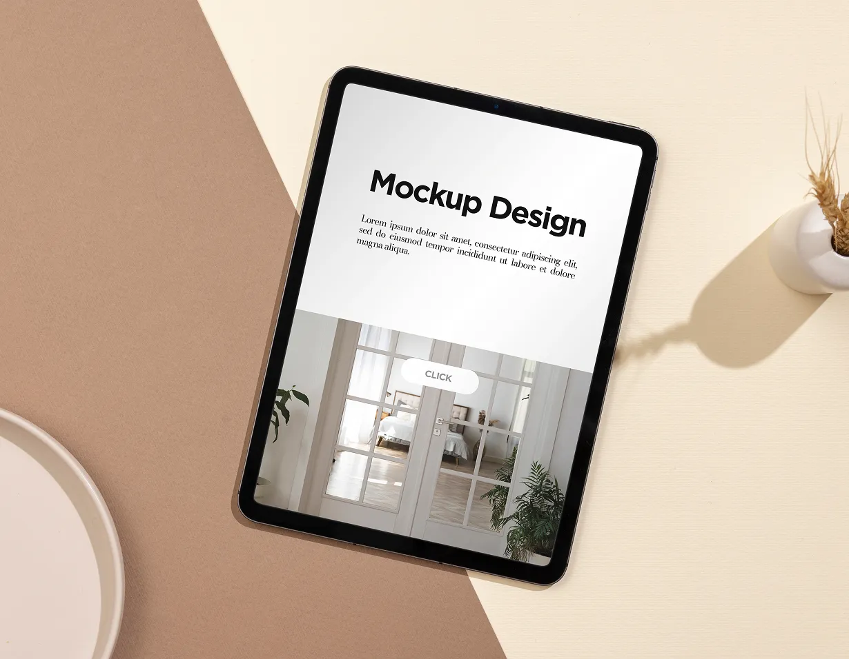 Tablet mockup displaying a clean interior-design website page.