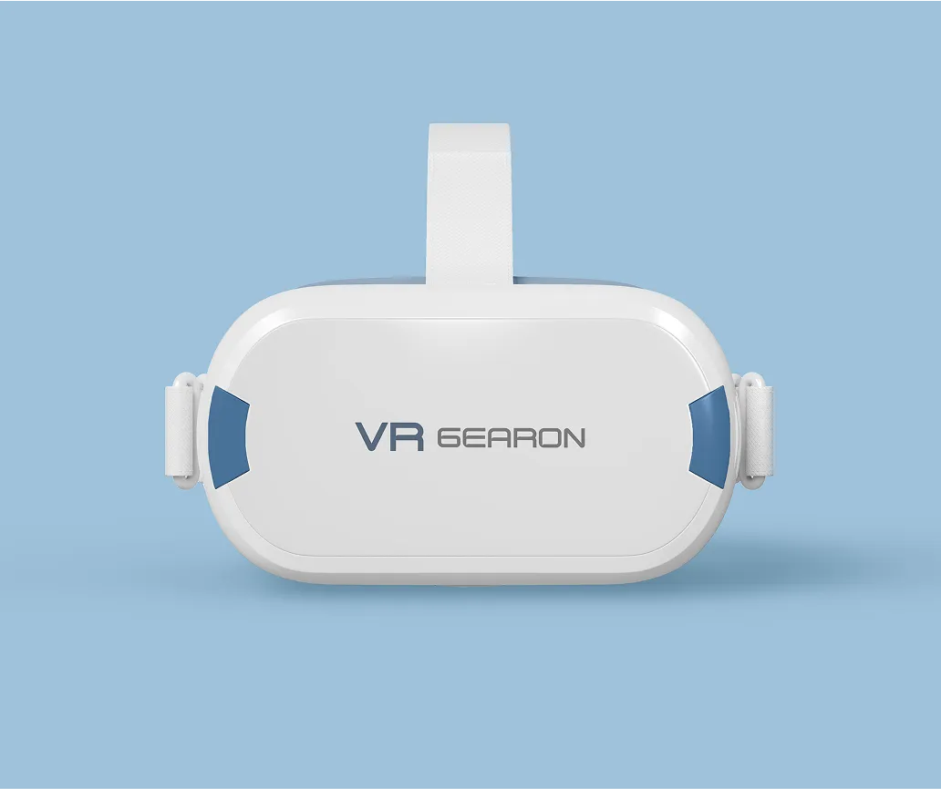 White VR headset mockup on a blue background.