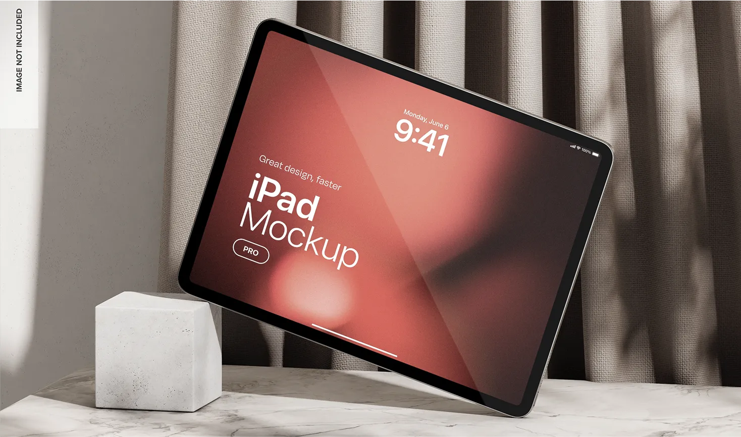 iPad mockup leaning on a stand with a minimalist background.