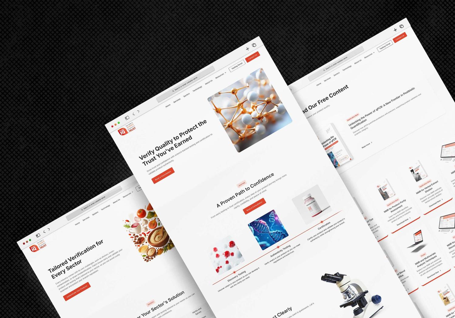 Mockup showing Purity-IQ website design highlighting quality verification and authenticity testing services.