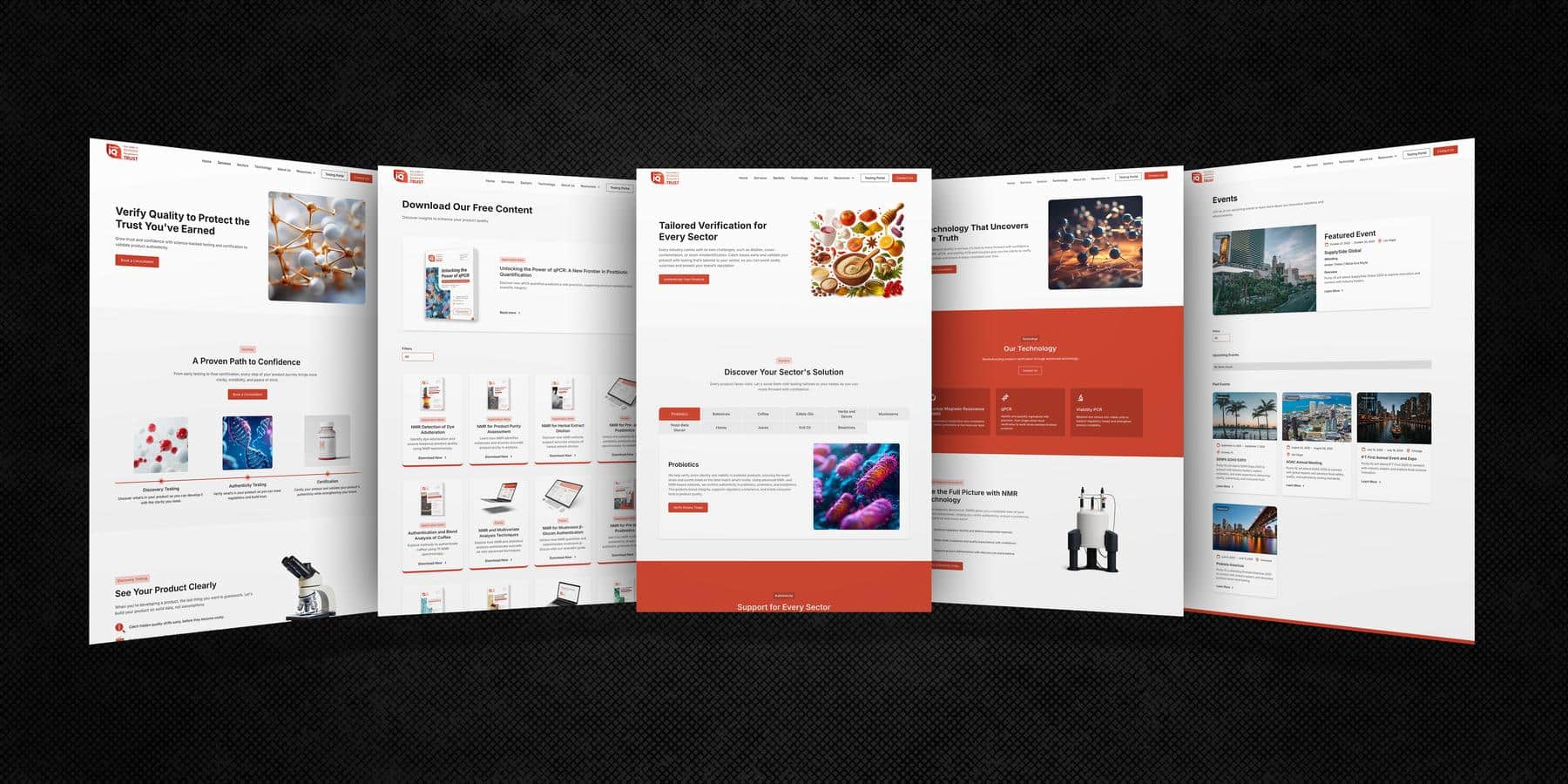 Mockup display of Purity-IQ website pages showing the homepage, resource library, sector solutions, technology, and events pages with a clean white layout, orange accents, and scientific imagery.