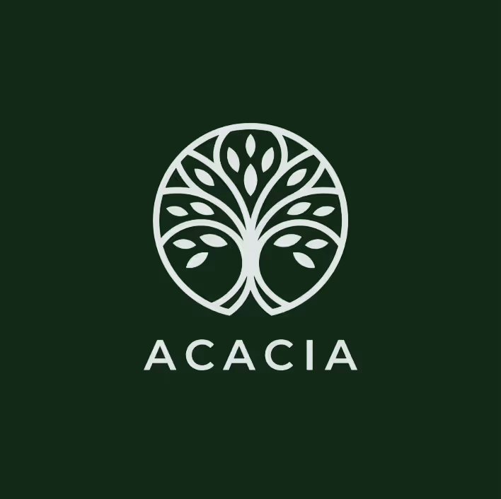Stylized tree with leaves enclosed in a circle above the word 'ACACIA' on a dark green background.