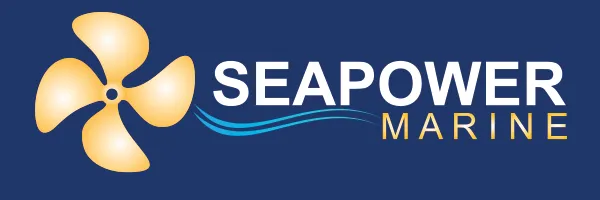 Seapower Marine logo with a stylized gold ship propeller and blue wave lines on a navy background.