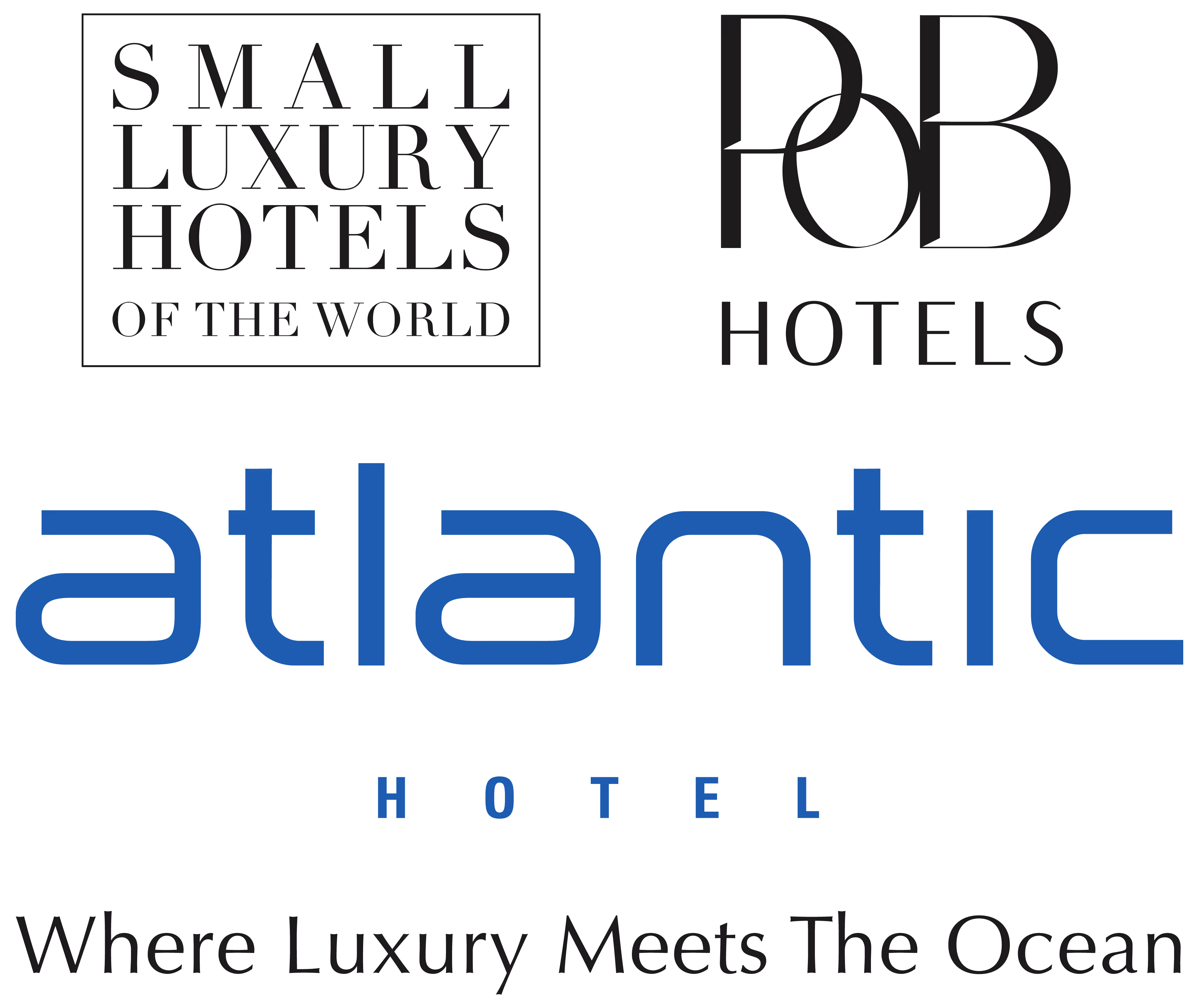 Logos of Small Luxury Hotels of the World, POB Hotels, and Atlantic Hotel with the tagline 'Where Luxury Meets The Ocean'.