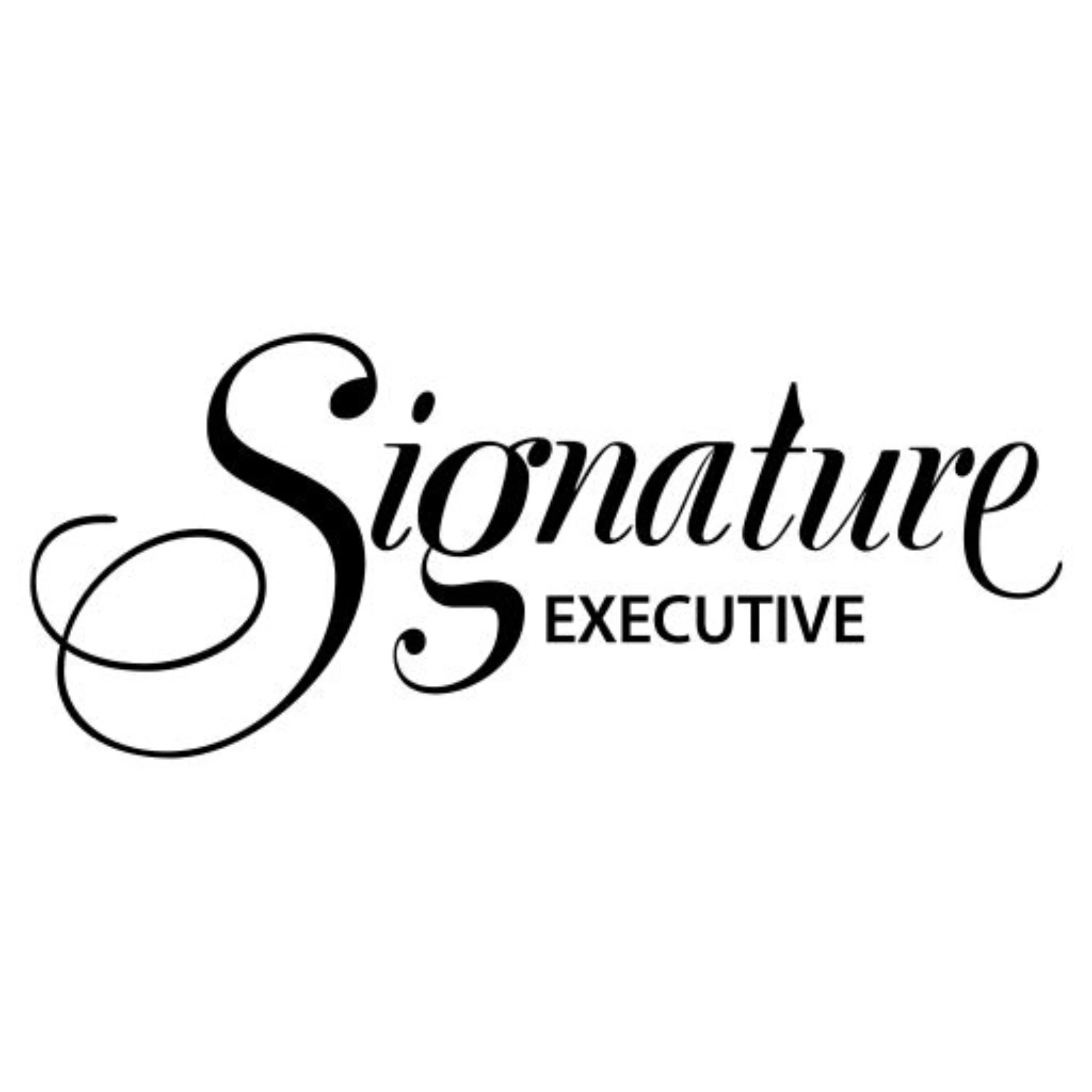 Text reading 'Signature Executive' in elegant white script on a black background.
