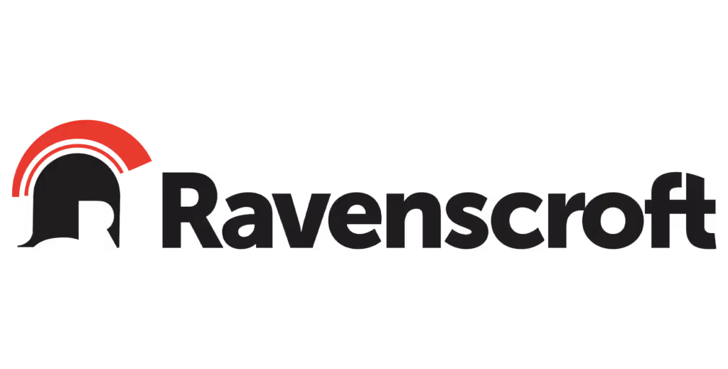 Ravenscroft logo featuring a stylized black helmet with red accents next to the word Ravenscroft in black font.