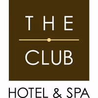 Logo for The Club Hotel & Spa with white text on a dark brown background.