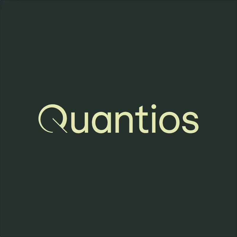 Quantios brand logo with stylized Q on dark green background.