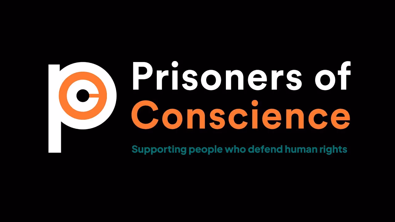 Prisoners of Conscience logo with the tagline 'Supporting people who defend human rights' on a black background.