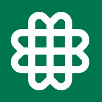 White abstract geometric logo with interwoven loops on a green background.