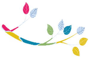 Abstract colorful geometric shapes resembling stylized leaves or feathers arranged in a flowing pattern.