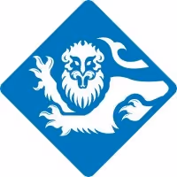 White stylized lion emblem on a blue diamond-shaped background.