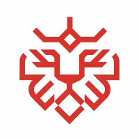 Stylized red geometric lion head logo.