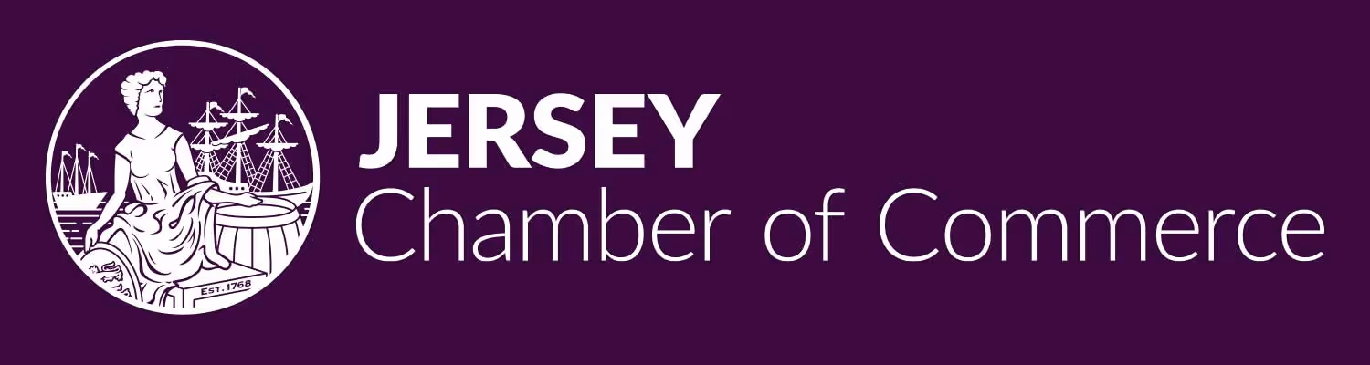 Jersey Chamber of Commerce logo with a seated figure and sailing ships on a purple background.