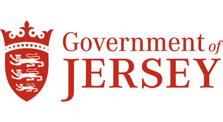 Red Government of Jersey logo with a crowned shield featuring three lions.