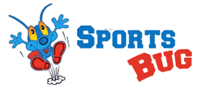 Blue cartoon bug with red shoes jumping next to the words 'Sports Bug'.