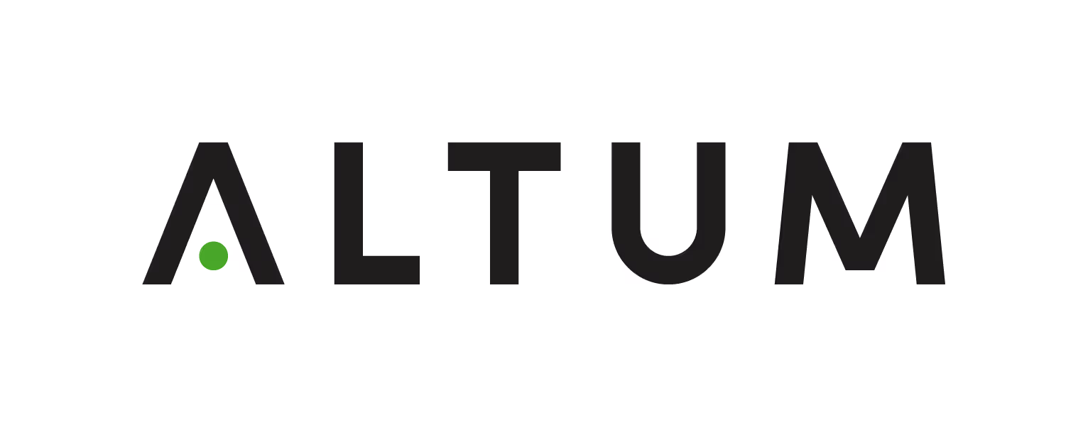 Altum logo with black uppercase letters and a green dot inside the letter A.