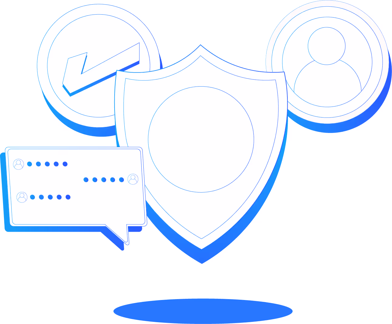 Illustration of a shield in the center with a checkmark icon, a user profile icon, and a chat message box surrounding it.