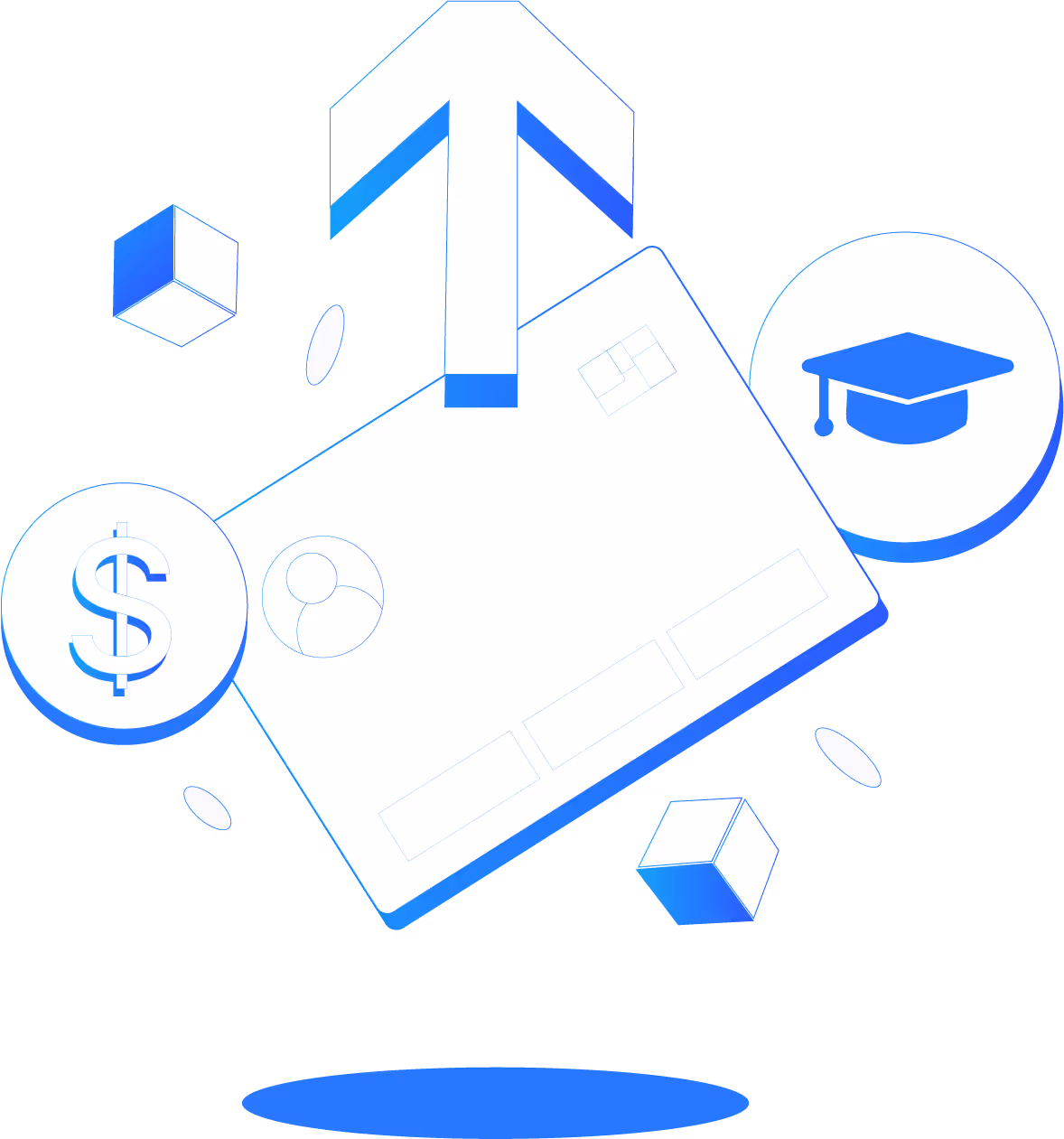 Illustration of a credit card with an upward arrow, a graduation cap icon, and a dollar sign symbol.