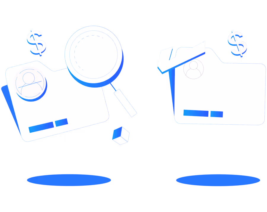 Illustration showing two folders labeled KYC and Loan connected by a magnifying glass with dollar symbols, representing KYC verification for loan approval.
