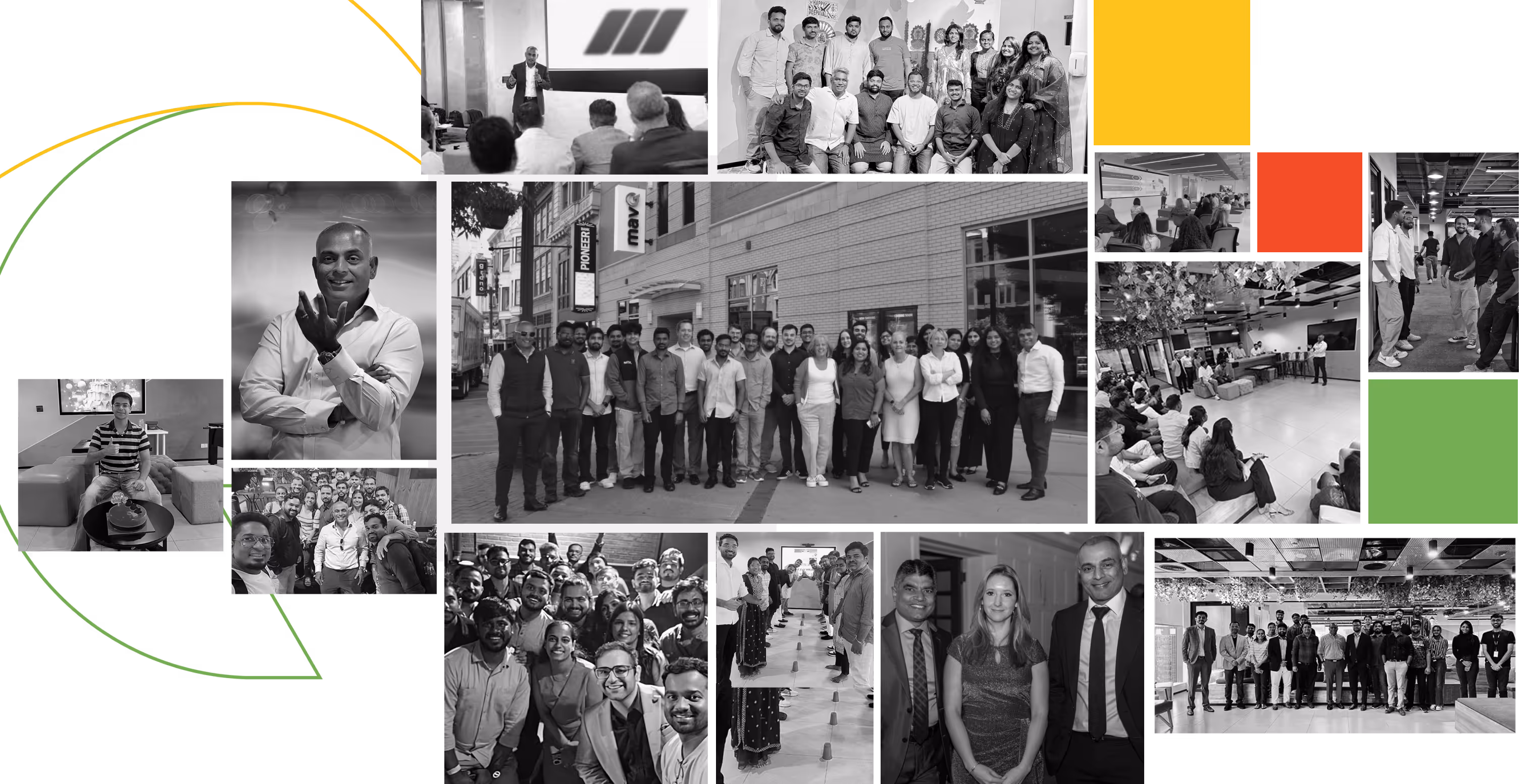 Collage of black-and-white photos showing diverse groups of professionals in office settings, group portraits, meetings, and team activities.