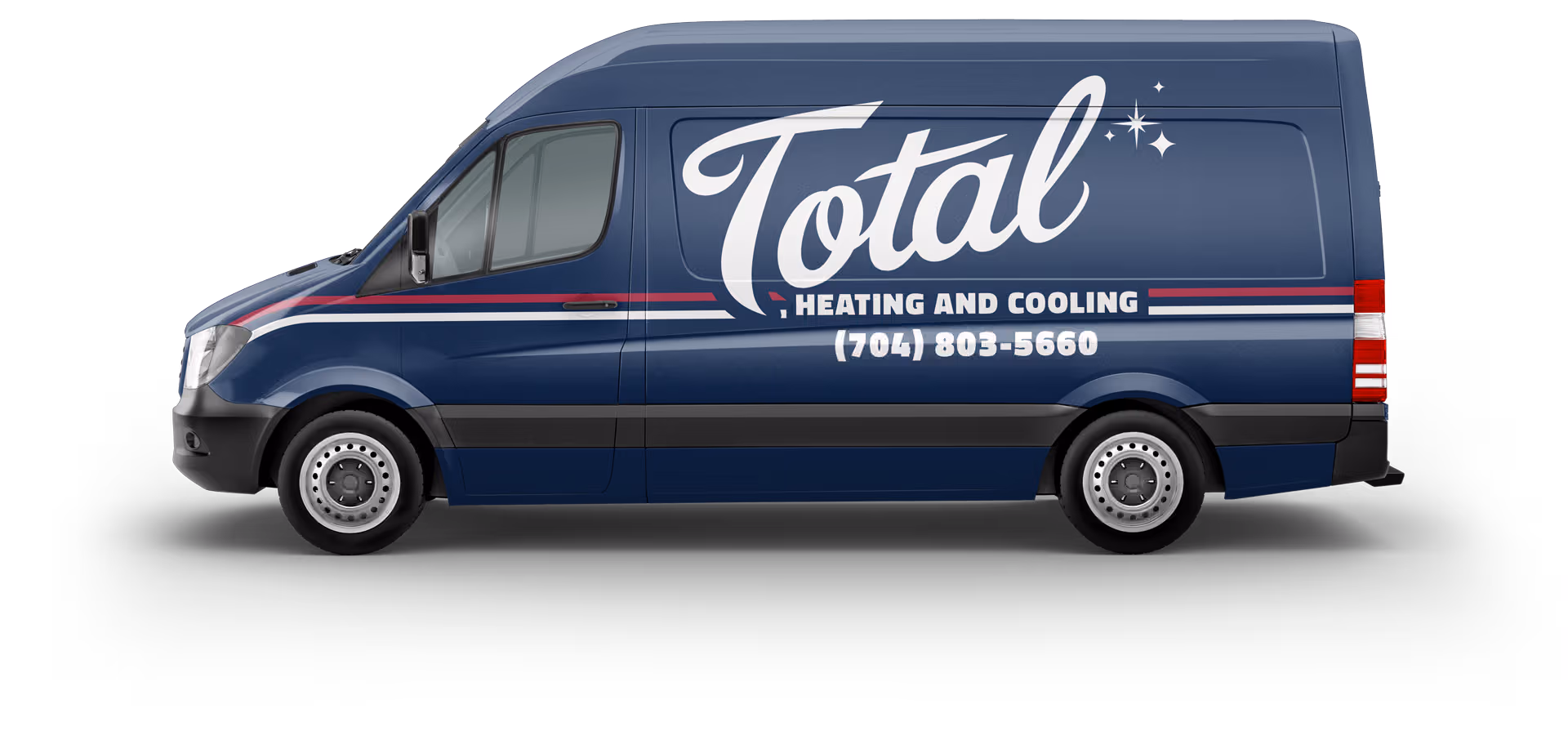 Blue delivery van with 'Total Heating and Cooling' logo and design on the side.