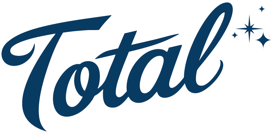 Dark blue scripted text reading 'Total' with three small star sparkles to the upper right.
