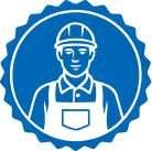 Icon of a male construction worker wearing a hard hat and overalls inside a blue circular badge.