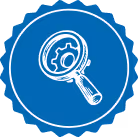 Icon of a magnifying glass inspecting a gear on a blue circular background.